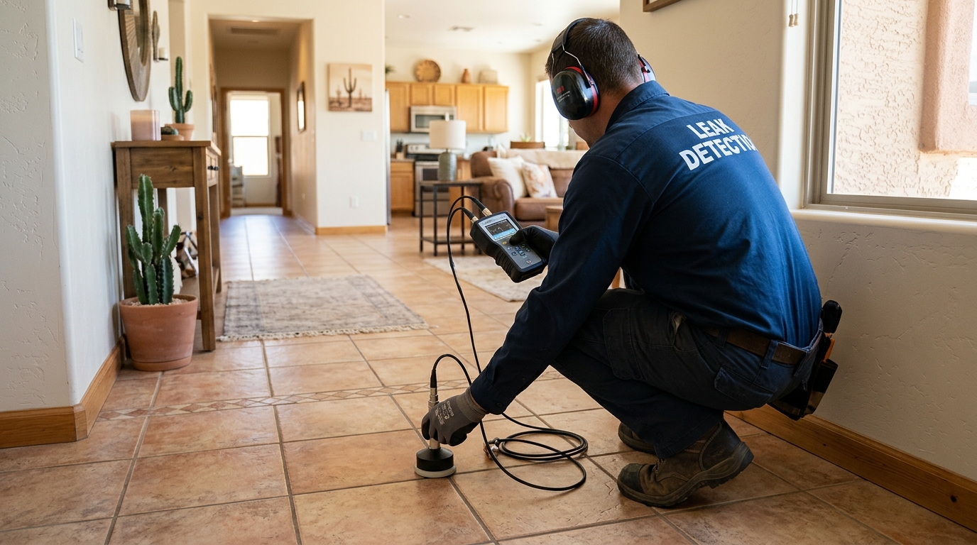 Plumbing specialist using electronic equipment to locate a slab leak in a Hemet home